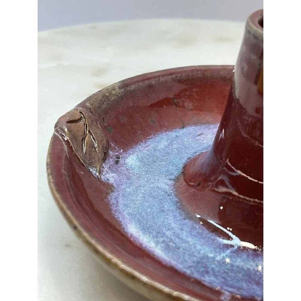 Vintage Studio Pottery Artist Signed Glazed Chamberstick Candle Holder 5